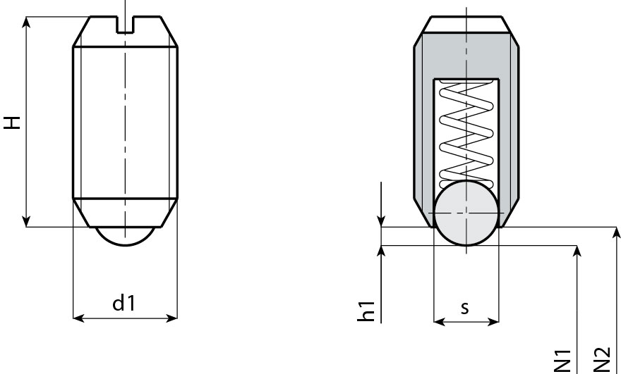Leschhorn W831C Federnde Druckstücke aus Nirosta s 10; H 24; d1 M16; - Boteco W831C Federnde Druckstuecke aus Nirosta