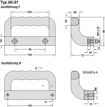 Leschhorn AK-01.F096.54   Aluminium Kokillengriffe frontseitiges Anschrauben,  schwarz pulverbeschichtet - Leschhorn AK-01 Robuste Aluminium Kokillengriffe - Zeichnung