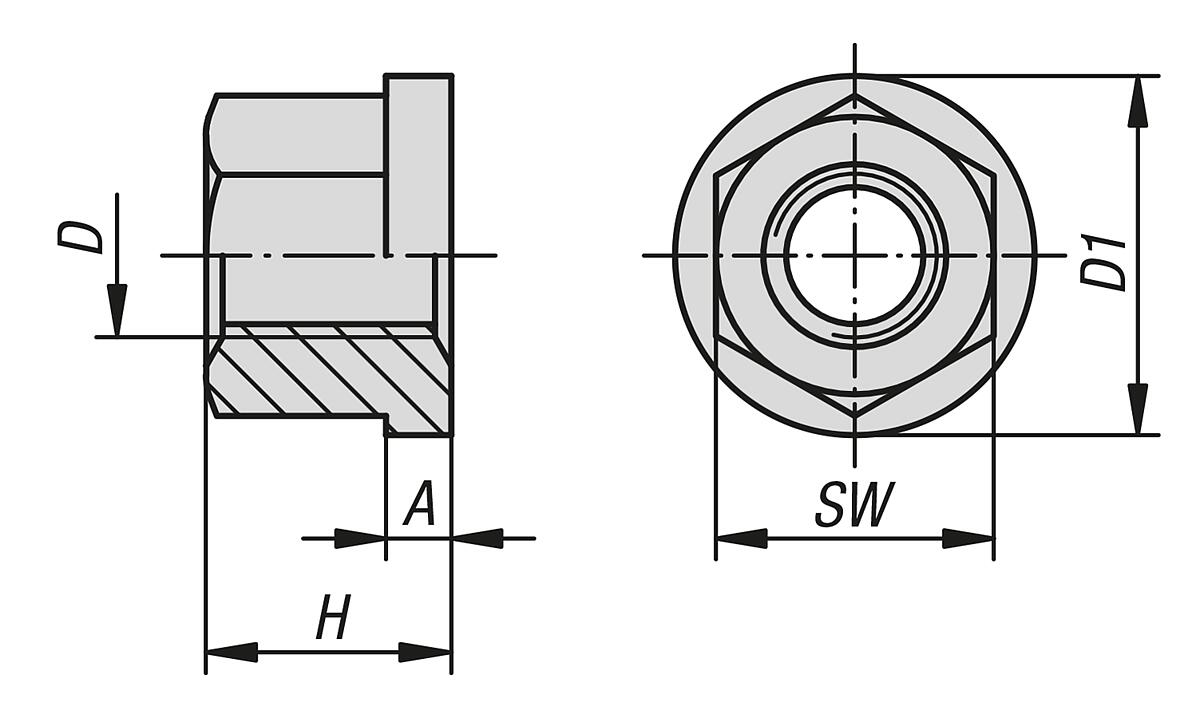 Norelem 07240-14 SECHSKANTMUTTER DIN 6331, 1,5D HOCH, M14 - DIN 6331 Sechskantmuttern 1-5 D hoch mit Bund  - Massblatt
