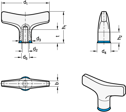 Ganter 5064-100-M10-MT-E  T-Griffe, Edelstahl, Hygienic Design, Griffdurchmesser d1: 100, Gewinde d2: M 10, Oberfläche: MT - mattiert (Ra < 0,8 µm) - GN 5064 T-Griffe - Edelstahl - Hygienic Design - Massblatt