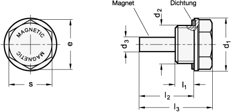 Ganter 738.5-22-G3/8  Magnetstopfen, Edelstahl, Aussendurchmesser d1: 22, Zollgewinde d2: G 3/8, d3: 6 - GN 738-5 Magnetstopfen - Edelstahl - Massblatt