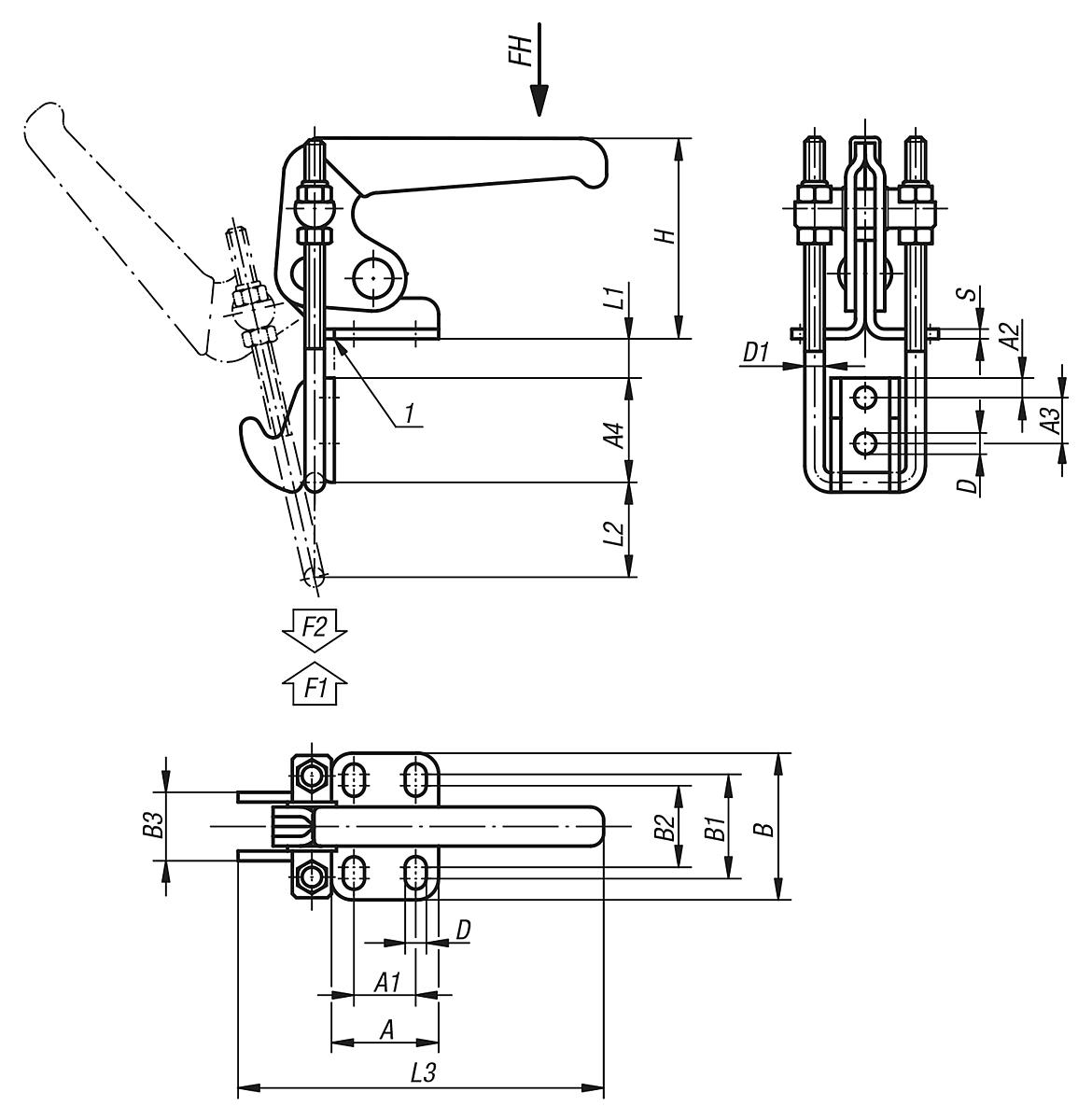 Kipp K0082.0140 BÜGELSPANNER VERTIKAL, MIT GEGENHALTER, P=140 daN - K0082 Buegelspanner vertikal mit Gegenhalter - Massblatt