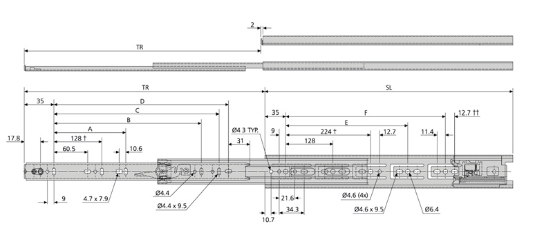 Accuride DB3832-0030TR Teleskopschienen 100% Vollauszug, 12,7x45,7, SL 300,TR 305, 42kg, schwarz verzinkt, Touch release - Accuride DB3832-TR Teleskopschienen mit Touch release -Druckoefffnung- schwarz - Vollauszug-Skizze