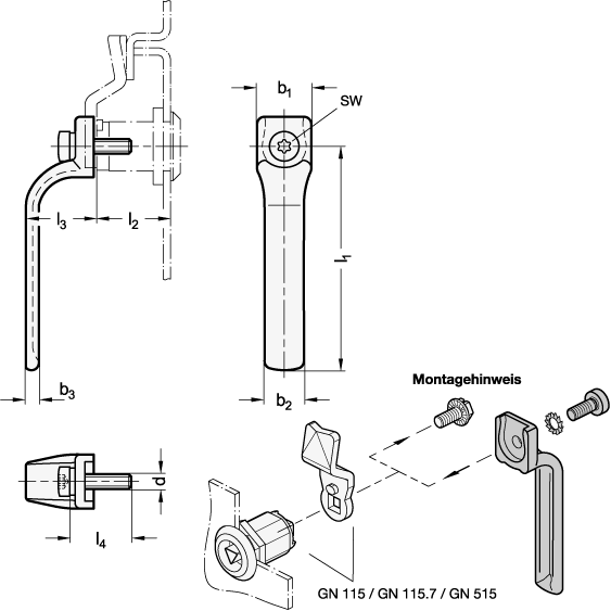 Ganter 120.3-ZD-90-18-RS  Innengriffe, Zink-Druckguss, für Verriegelungen, Länge l1: 90, Gehäuselänge l2: 18, Farbe: RS - rot, RAL 3000, strukturmatt - GN 120-3 Innengriffe - Zink-Druckguss - fuer Verriegelungen - Massblatt