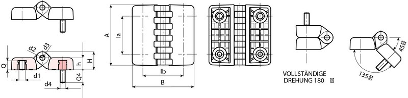 Leschhorn O432 Scharniere  Ia 60; Ib 63; Gewinde d1 M8; d4 M8; Kunststoff PA, schwarz, - Boteco O432 Scharniere