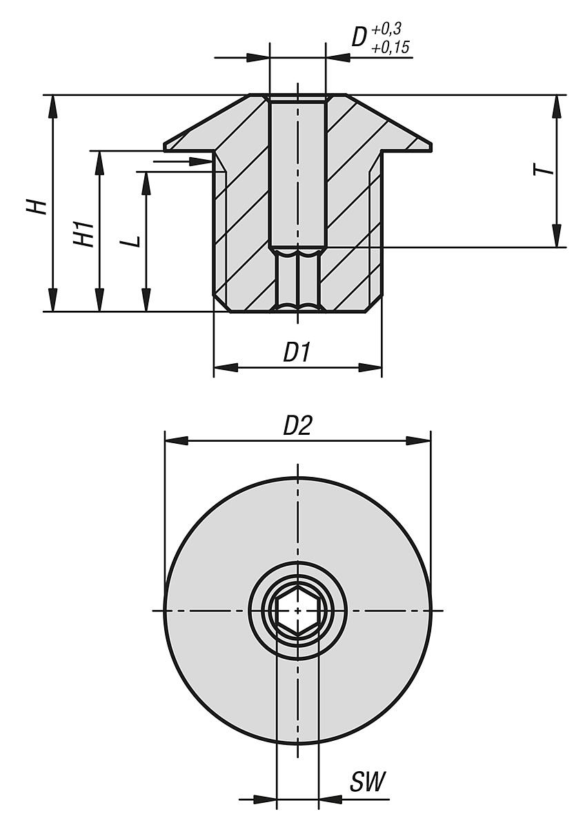 Norelem 03099-50-104 POSITIONIERBUCHSE FÜR ARRETIERBOLZEN, D=4 M12X1,5X10, D2=19, SW=3, EDELSTAHL 1.4034 GEHÄRTET UND BLANK - NLM 03099-50 Positionierbuchsen fuer Arretierbolzen - Massblatt