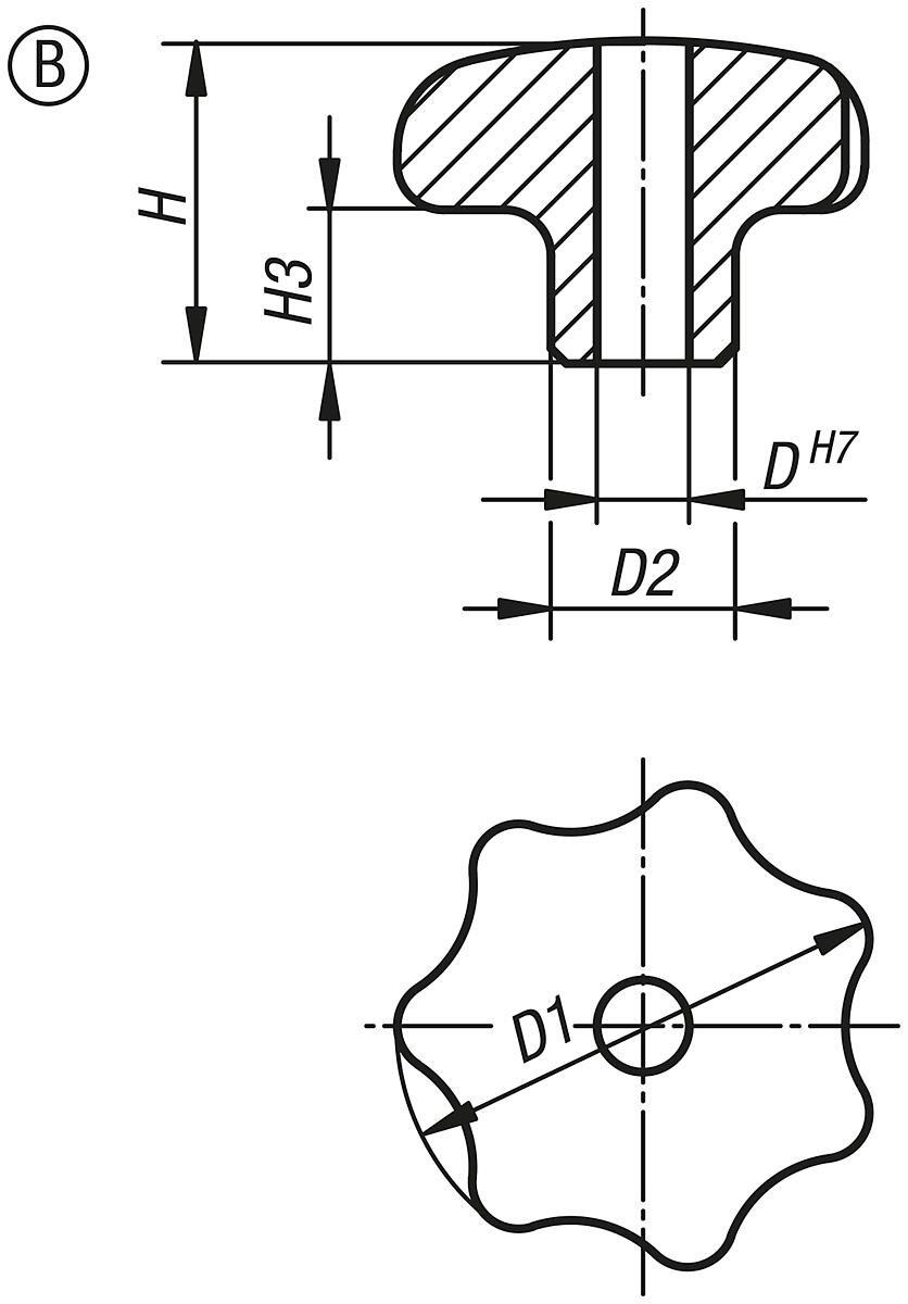 Norelem 06194-232062 STERNGRIFF, EDELSTAHL, FORM B, D1=32, D4=6 - NLM 06194-B Sterngriffe aehnlich DIN 6336 Edelstahl - Form B - Massblatt