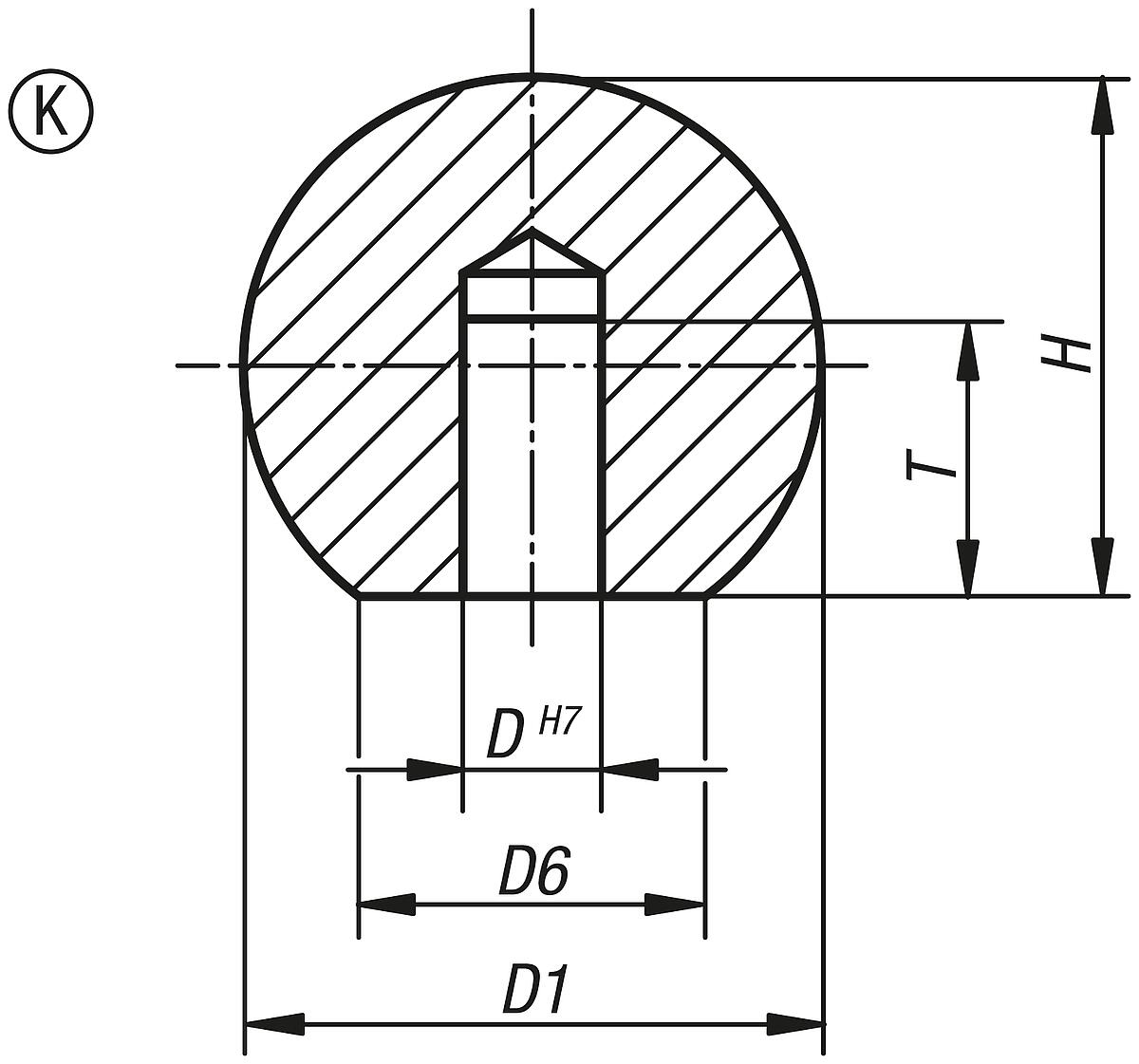 Norelem 06247-340102 KUGELKNOPF D1=40, D4=16, FORM K, EDELSTAHL, POLIERT - DIN 319 - Form K Kugelknoepfe Edelstahl oder Aluminium - Norelem 06247-K  - Massblatt