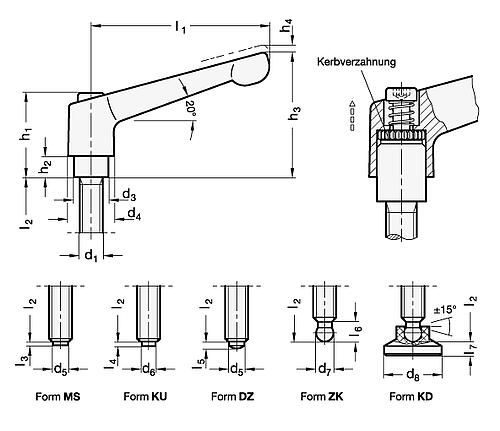 Ganter 306-30-M6-16-DZ-OS Verstellbare Klemmhebel, Schraube mit Sonderzapfen - GN 306 Verstellbare Klemmhebel - Schraube mit Sonderzapfen-Skizze