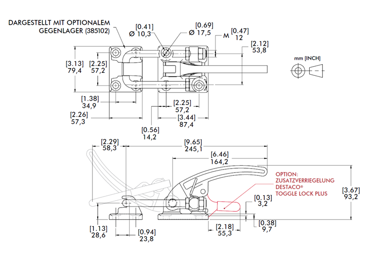 DESTACO 385 Verschluss-Spanner Standard Haltekraft 27000N, Spannweg 55mm, Ohne Gegenlager - DESTACO 385 Serie Verschluss-Spanner Standard Haltekraft 27000N - Spannweg 55mm-Skizze