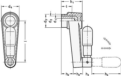 Ganter 570.3-100-B12 ELESA HANDKURBEL - GN 570-3 Umleggriff Handkurbel - Kunststoff-Skizze