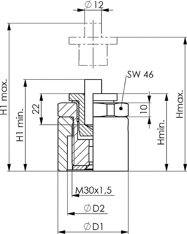 AMF 6415- 75 Höhen-Richtschraubbock, Größe : 75, H min.: 55, H max.: 75, D1: 50, F max.: 30 kN - LE 6415 75 Hoehen-Richtschraubbock -Skizze
