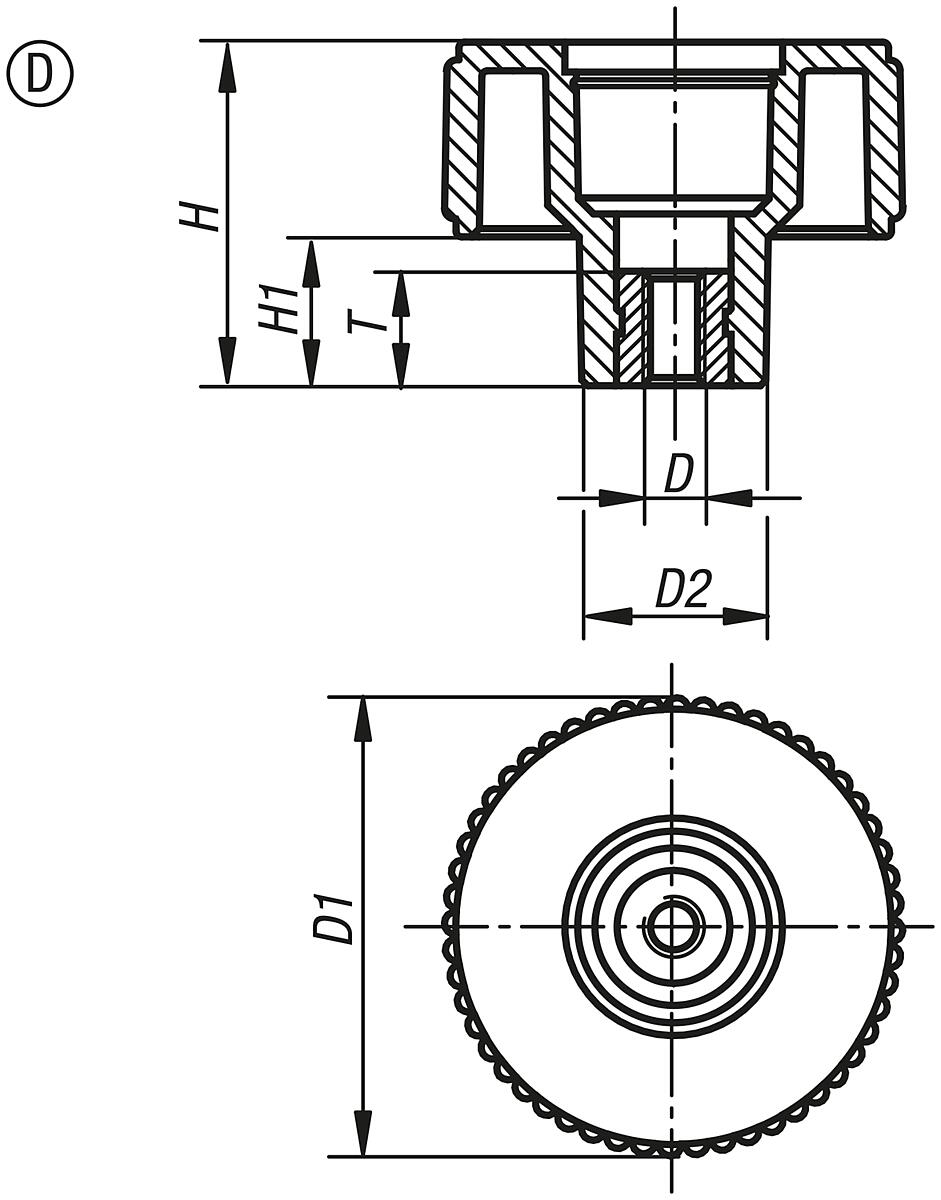 Kipp K0260.1210 NOVO.GRIP RÄNDELRAD  GR.2  FORM D, D=50  M10 - K0260-D Raendelraeder mit Innengewinde - Form D - Massblatt