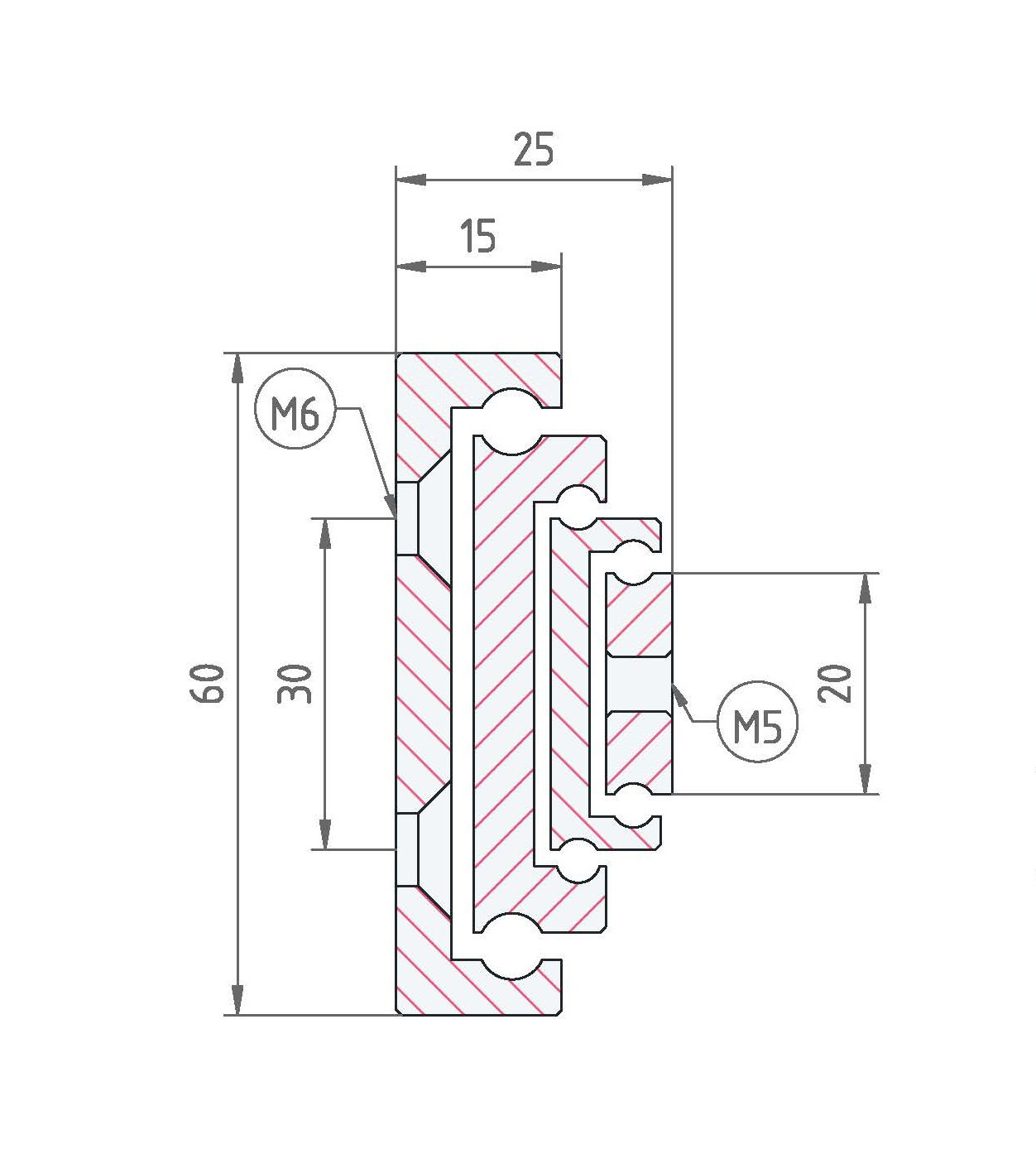 Leschhorn HP3CU 6025-0300-GS-ST Hochpräzise Schwerlast-Teleskopschienen, 3C-Profil 60x25, Überauszug 150%, A=450, GS: Gewinde M5/Senkbohrung für M6, Lastwert 220kg, Stahl verzinkt - LE HP3CU-6025 Profilquerschnitt