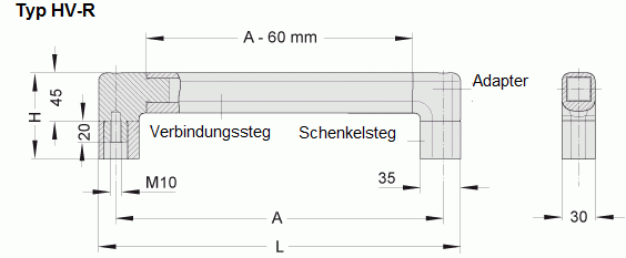 Leschhorn HV-30.R300.080.080.54   Maschinengriffe rückseitige Befestigung A  300, Schenkel schwarz / Steg schwarz  Griff aus Einzelelementen, komplett montiert - Leschhorn HV Maschinengriff-System - Zeichnung-Typ HV-R