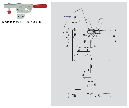 DESTACO 2027-U Horizontalspanner Haltekraft 3700N, Öffnungswinkel 70° - 2027-UB UB-LS Horizontalspanner - U- Spannarm - Fuss gerade