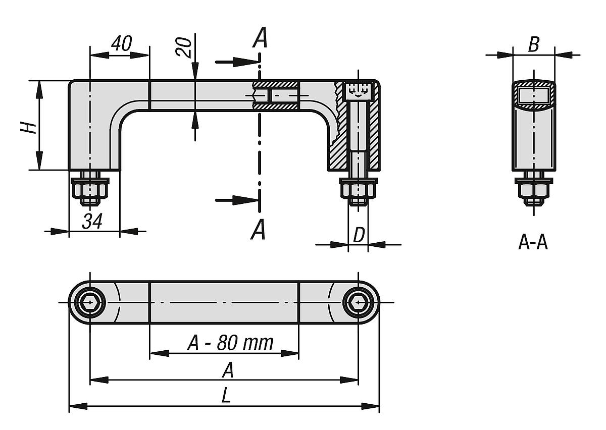 Kipp K0209.250 UNIVERSAL MASCHINENGRIFF, A=250, - K0209 Universal Maschinengriffe - Massblatt