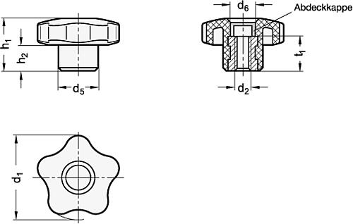 Ganter 5337.2-74-M16-E-DGN Sterngriffe mit farbigen Abdeckkappen, Kunststoff, Buchse Messing - GN 5337-2 Sterngriffe mit farbigen Abdeckkappen - Kunststoff - Buchse Messing-Abbildung