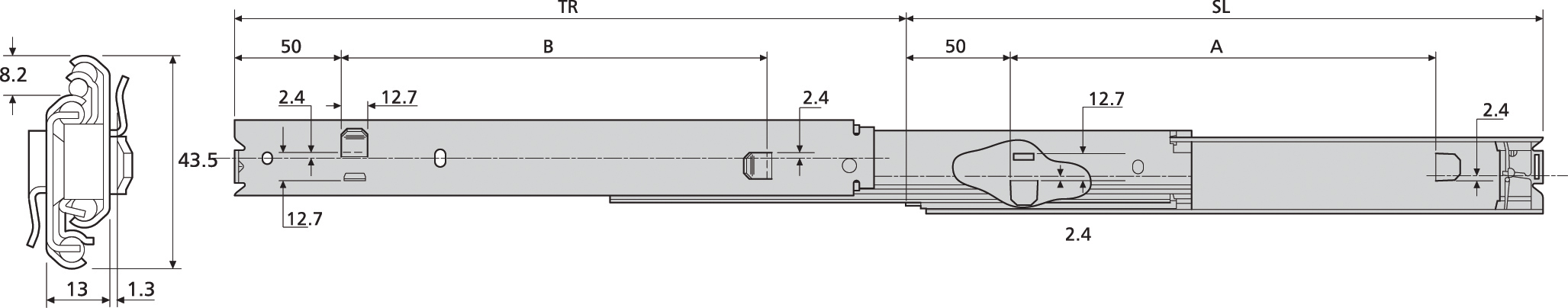Accuride DZ7400-5050SC-2 Teleskopschienen 100% Überauszug, 13x43,5, SL 500,TR 512,5, 45kg, hell verzinkt - 7400 Accuride Teleskopschiene technische Zeichnung