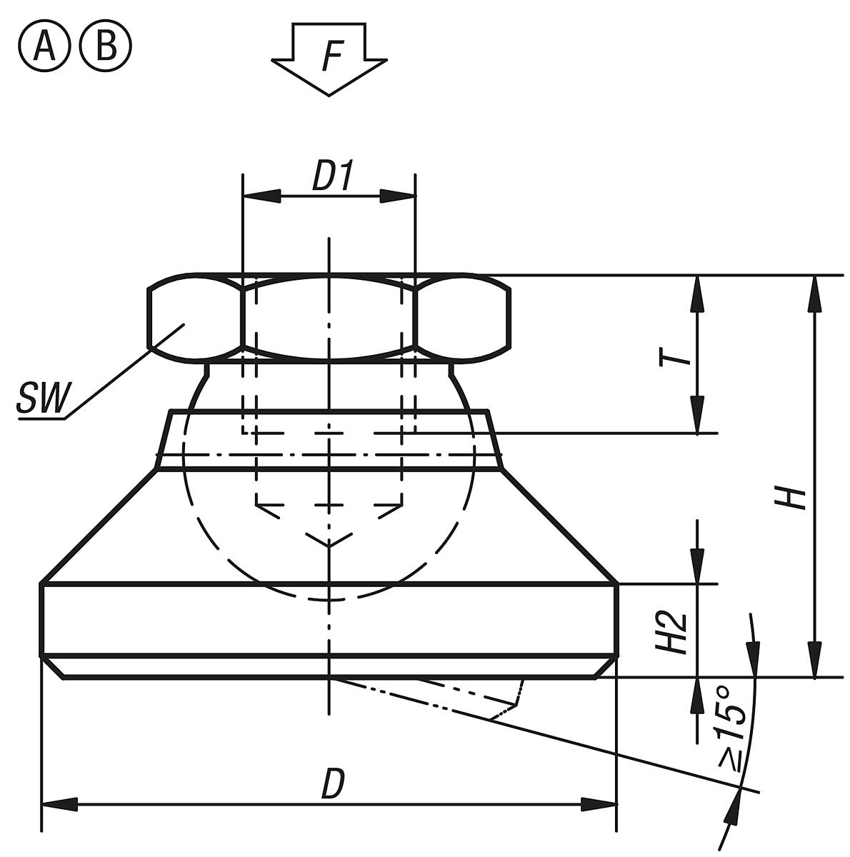 Norelem 07144-310 GELENKTELLER FORM B           EDELSTAHL, D1=M10, D2=32 - NLM 07144-A-B Gelenkteller Form A und Form B - Massblatt