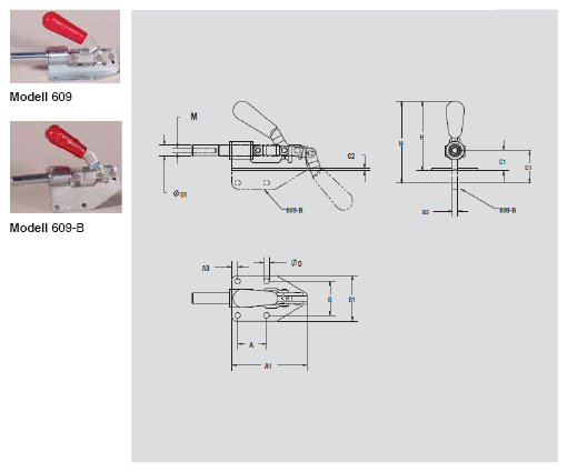 DESTACO 609-B Schubstangenspanner Standard  Haltekraft 1300N, Hub 32mm - 609 609-B Schubstangenspanner Standard - Fuss gerade bzw abgewinkelt