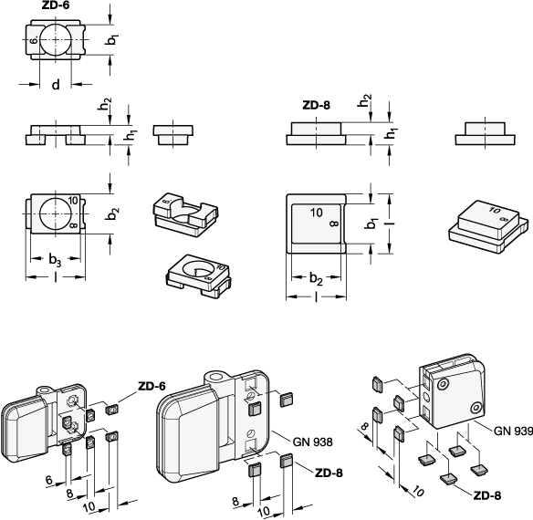 Ganter 938.1-ZD-6  Nutensteine, für Scharniere GN 938 und Halter für Flächenelemente GN 939, Nutbreite b1: 6, b2 Nutbreite: 8, b3 Nutbreite: 10 - GN 938-1 Nutensteine - fuer Scharniere GN 938 und Halter fuer Flaechenelemente GN 939 - Massblatt