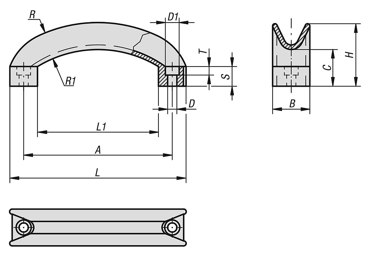 Norelem 06909-11406 NOVO.GRIP BRÜCKENGRIFF A=114, D=6,5, THERMOPLAST - NLM 06909 Brueckengriff - Massblatt