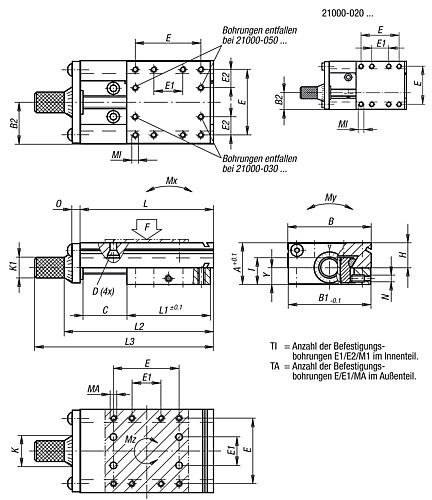 Norelem 21000-020030 SCHWALBENSCHWANZ SCHLITTENFÜHRUNG, MIT MIKROMETERSPINDEL - NLM 21000 Schwalbenschwanz Schlittenfuehrungen mit Mikrometerspindel-Skizze
