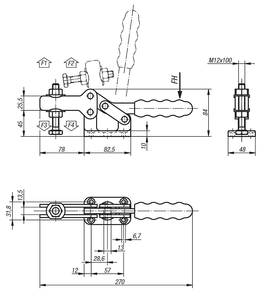 Kipp K0077.0700 SCHNELLSPANNER HORIZONTAL, SCHWERE AUSFÜHRUNG, P=700 daN - K0077 Schnellspanner horizontal schwere Ausfuehrung mit verstellbarer Andruckspindel -Massblatt