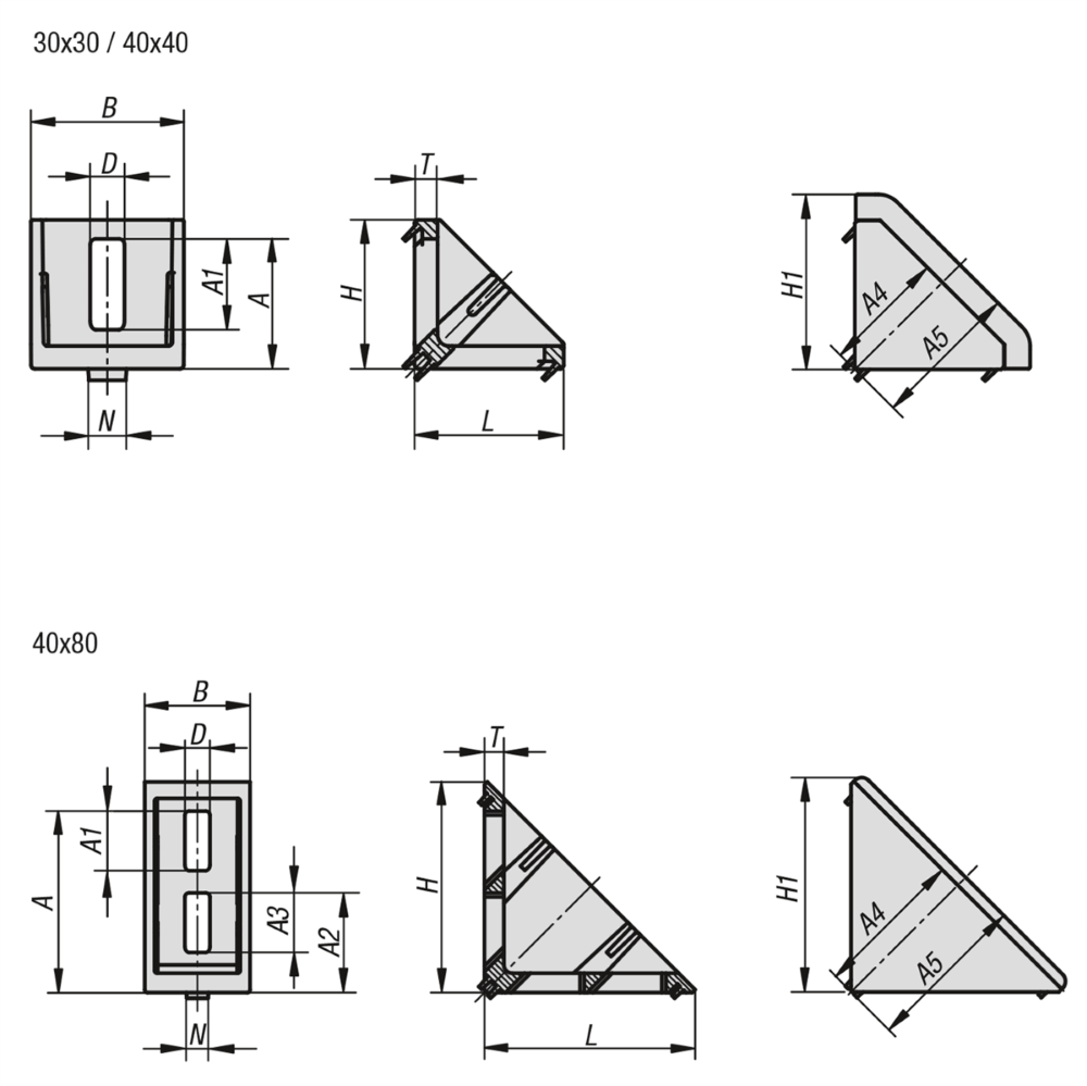 Leschhorn 10250-084040 WINKELSATZ 39X40X39 ZINK, TYP I, BN=8 - NLM 10250 Winkelsaetze Typ I - Technische Zeichnung