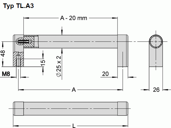 Leschhorn TL.A3-25.200.37   Rohrgriffe für rückseitige Befestigung A 200, Schenkel natur / Rohr Edelstahl Technical Line - Leschhorn TL-A3 Rohrgriffserie -Technical Line-