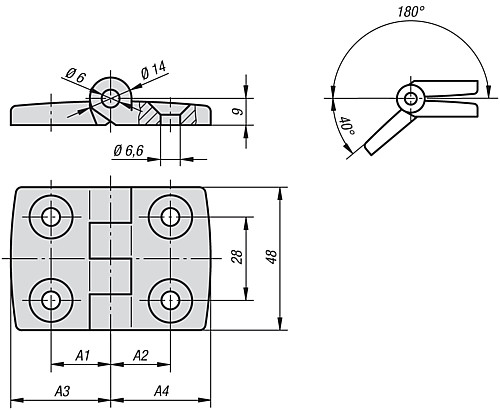 Kipp SCHARNIER AUS ALUMINIUM, nicht aushängbar, A1= 25, A2= 25, B1= 40, B2= 40, H= 45 mm - KIPP K0580 Scharniere aus Aluminium