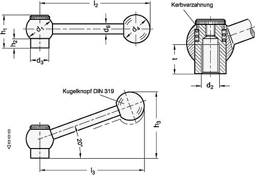 Ganter 6337.3-28-M10-N VERSTELLB.KUGELGRIFF, SCHRÄG - GN 6337-3 Verstellbare Kugelgriffe - mit Innengewinde - Stahl-Skizze