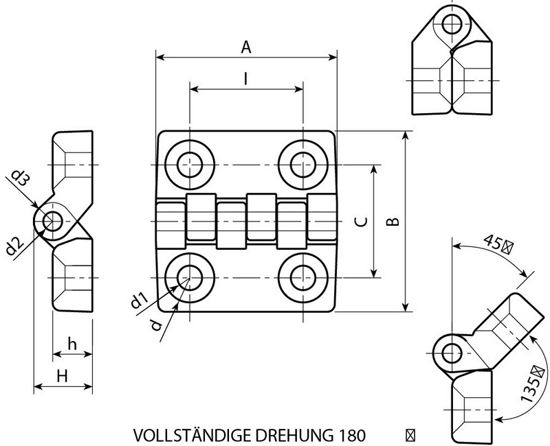 Leschhorn O400-20-4,5-TS ScharnIere für Senkschraube, I= 20; C= 20; Bohrung d1= 4,5; Kunststoff PA, schwarz matt - Boteco O400 Scharniere