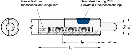 Ganter 611-M10-8-LN  Federnde Druckstücke, lange Ausführung, Gewinde d1: M 10, Federweg w: 8, Form: LN - Edelstahl, normaler Federdruck - GN 611 Federnde Druckstuecke - lange Ausfuehrung - Massblatt