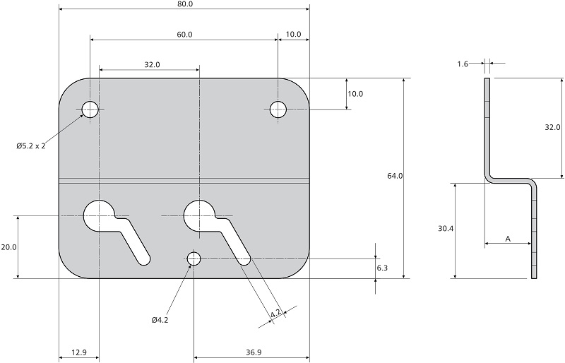 Accuride DZ0115-BRKT10RC Montagewinkel für Schiebetüren, A 10, B 22,3, hell verzinkt - Accuride 0115-BRKT Montagewinkel fuer Schiebetueren- Technische Zeichnung