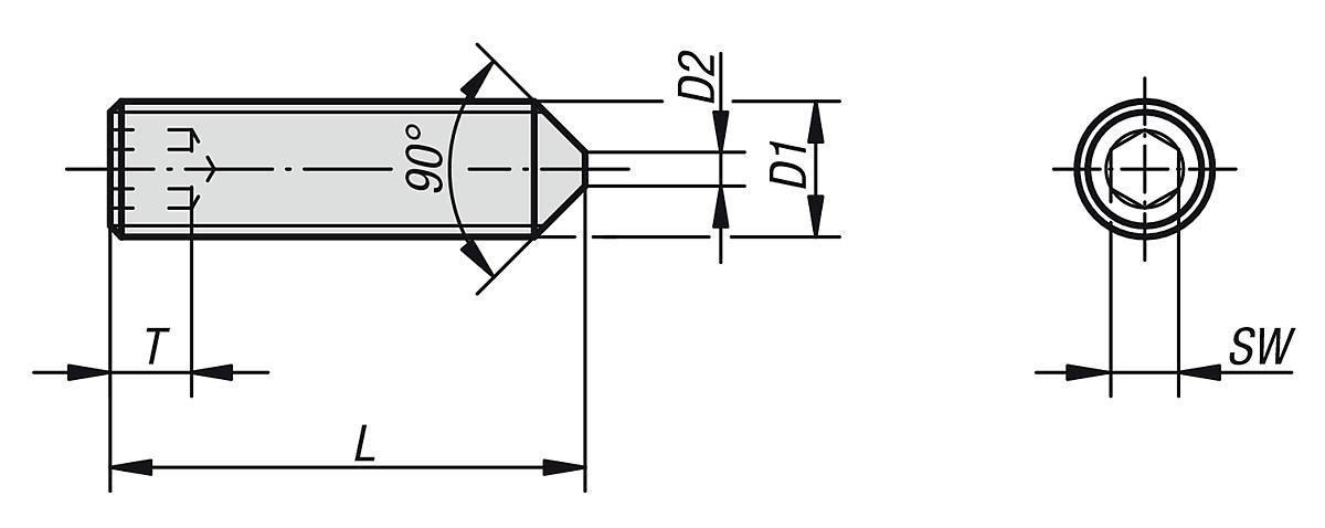 Norelem 07166-05X6 GEWINDESTIFT DIN 914 / ISO 4027 / ISO 4027, D=M5, L=6 - DIN 914 ISO 4027 Gewindestifte mit Innensechskant und Spitze   - Massblatt
