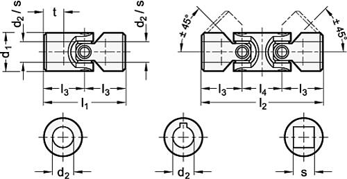 Leschhorn 09115 808-20-B12-62-EG-NI EDELSTAHL Wellengelenk mit Gleitlagerung einfach, DIN 808, beiders. Bohrung 12 H7, - DIN-808-Kreuzgelenke-mit-Gleitlager-Edelstahl-NI-Edelstahl-EG-einfach-DG-doppelt-Gleitlager-Skizze