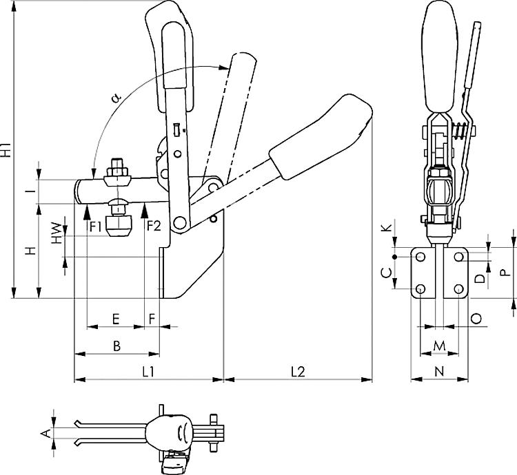 AMF 6803S-2 Senkrechtspanner mit rotem Handgriff und Sicherheitsverriegelung, Größe : 2, F1: 1,0 kN, F2: 1,2 kN - LE 6803S Senkrechtspanner mit Sicherheitsverriegelung -Skizze