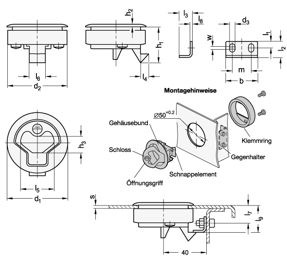 Ganter 449.5-61-OS-PL  Schnappverschlüsse, Edelstahl, mit Griffmulde, mit und ohne Schloss, Oberfläche: PL - poliert, Durchmesser d1: 61, Form: OS - ohne Schloss - GN 449-5 Schnappverschluesse - Edelstahl - mit Griffmulde - mit und ohne Schloss - Massblatt