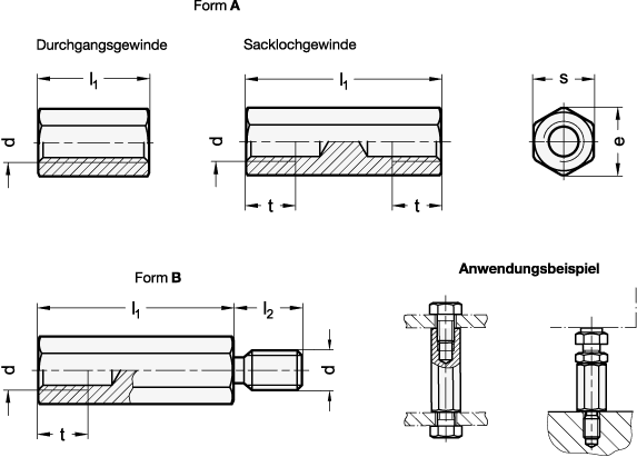 Ganter 6220-ST-M2,5-10-A  Abstandshalter, Stahl, Gewinde d: M 2,5, Länge l1 (Form A: Durchgangsgewinde): 10, Form: A - Innengewinde - GN 6220 Abstandshalter - Stahl - Massblatt