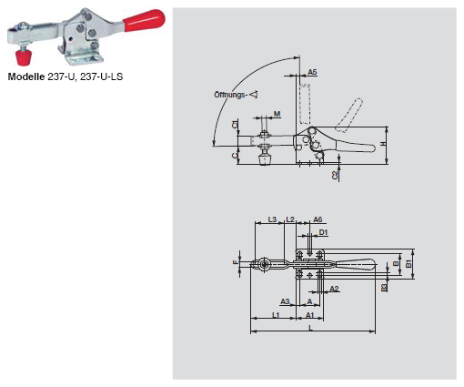 DESTACO 237-U Horizontalspanner Haltekraft 3400N, Öffnungswinkel 90° - 237-U U-LS Horizontalspanner - U- Spannarm - Fuss abgewinkelt