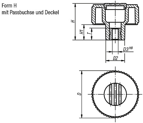 Kipp K0260.4106 NOVO.GRIP RÄNDELRAD  GR.1  FORM H, D=40, D3=6, DECKEL SCHWARZGRAU - KIPP K0260-H Raendelraeder mit Passbuchse - Form H