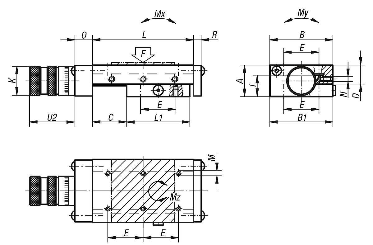 Norelem 21032-050205 SCHWALBENSCHWANZ SCHLITTENFÜHRUNG, B=50, L=205 - NLM 21032 Schwalbenschwanz Schlittenfuehrungen  mit Mikrometerspindel - Massblatt