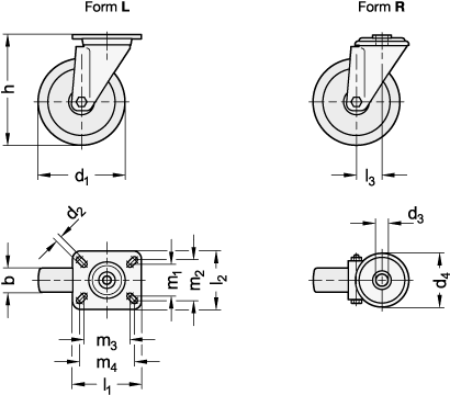 Ganter 22894-100-G-L-L-NI  Transportrollen, Phenolharz, leichte Ausführung, für hohe Temperaturen, Raddurchmesser d1: 100, Lagerart: G - Gleitlager, Form (Gehäuse): L - Lenkrolle mit Anschraubplatte - GN 22894 Transportrollen - Phenolharz - leichte Ausfuehrung - fuer hohe Temperaturen - Massblatt