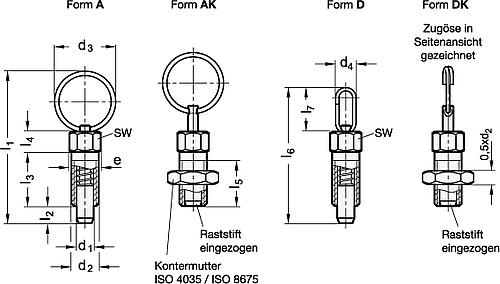 Ganter 717-3-M6-AK-ST RASTBOLZEN MIT RING UND KONTERMUTTER - GN 717 Rastbolzen - Stahl - mit Zugring - Zugoese - ohne Rastsperre-Skizze