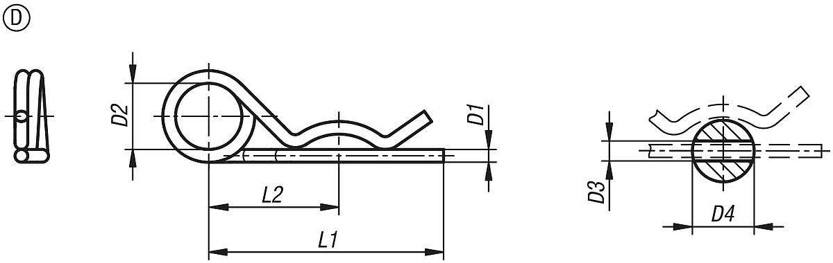 Norelem 07337-12560 FEDERSTECKER ÄHNLICH DIN11024, FORM:D,DOPPELT, D1=5,6, D3=6,3, D4=26-34,STAHL VERZINKT - NLM 07337 Federstecker aehnlich DIN 11024 - Massblatt