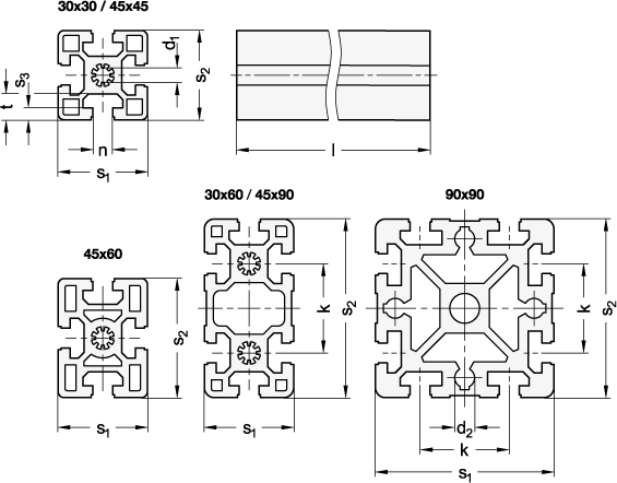 Ganter 10B-30308S-N-2-4  Aluprofile, b-Baukasten, mit allseitig offenen Nuten, Profiltyp schwer, Profilbreite s1: 30, Profilhöhe s2: 30, Nutbreite n: 8 - GN 10b Aluprofile - b-Baukasten - mit allseitig offenen Nuten - Profiltyp schwer - Massblatt