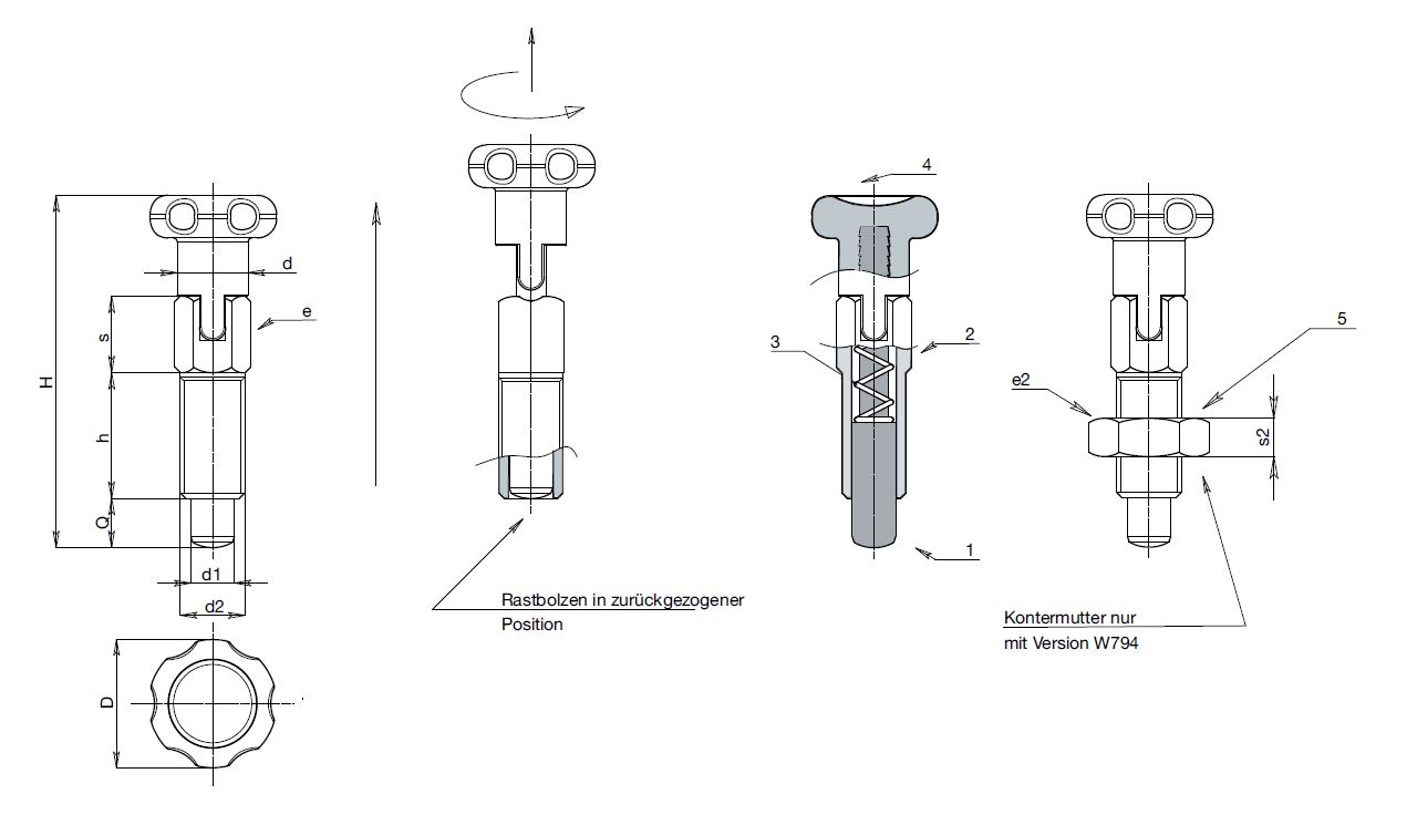Leschhorn W793C Rastbolzen mit Rastsperre D 18; h 46; d2 M08; d1 5; Edelstahl - Boteco W793C Rastbolzen mit Rastsperre
