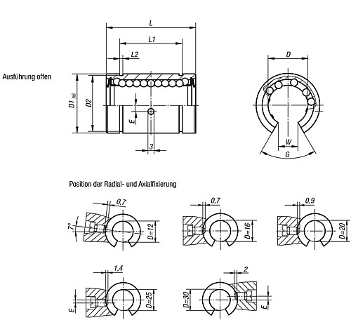 Norelem 21500-1612 LINEARKUGELLAGER OFFEN D=16, MIT KUNSTSTOFFKÄFIG - Norelem 21500-AO Linearkugellager mit Kunststoffkaefig - offen